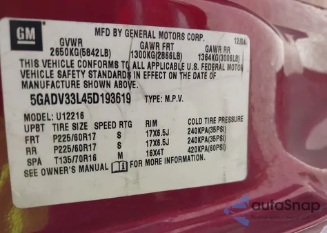 2005 Buick Terraza Cxl из США, поврежденный, VIN 5GADV33L45D193619